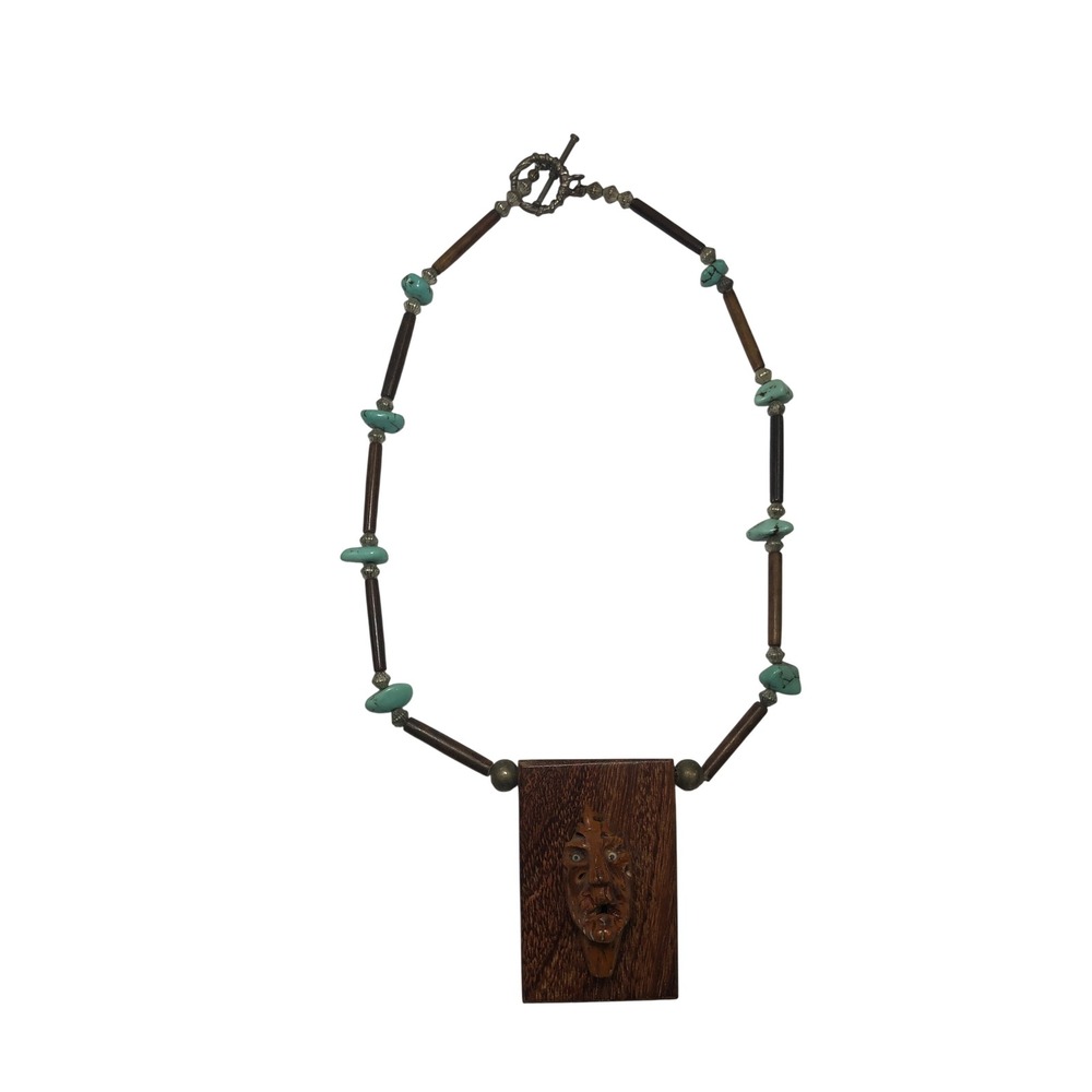 Artisan Hand Carved Wood Face Pendant Necklace